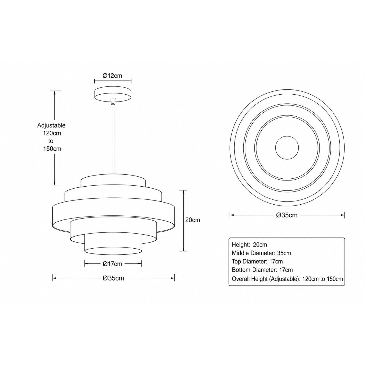 Linna five-tier pendant shade dimensions drawing: 35cm diameter, 20cm high, adjustable drop