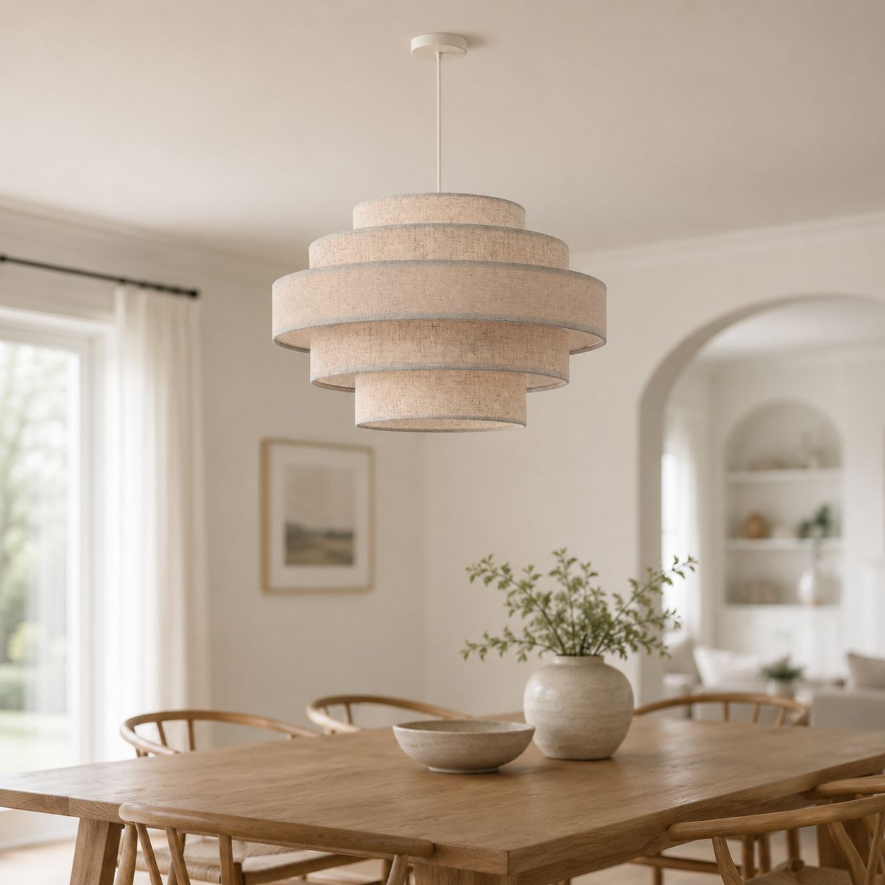 Linna oatmeal tiered linen pendant lit above a dining table in a bright room