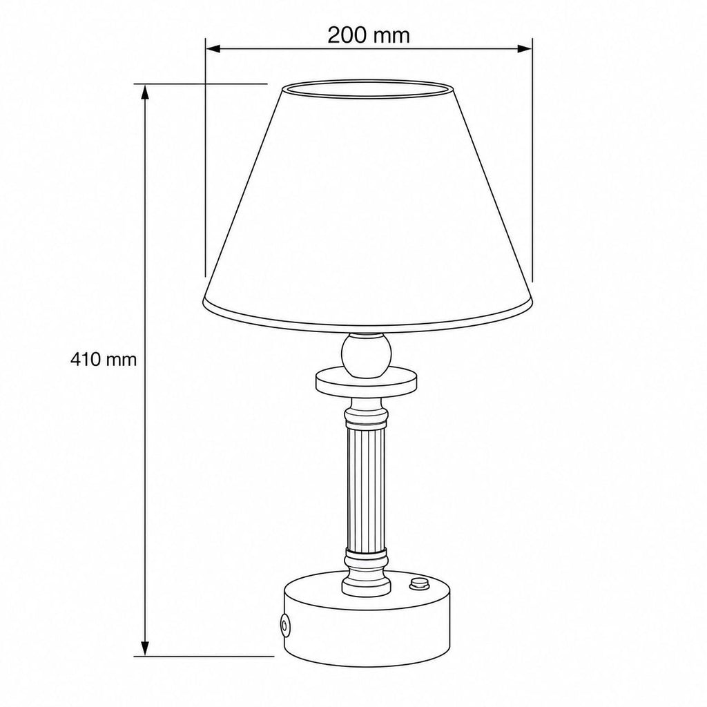 Lira rechargeable table lamp dimensions drawing: 410mm high, 200mm shade diameter