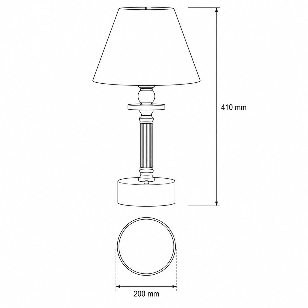 Lira rechargeable table lamp dimensions drawing: 410mm high, 200mm shade diameter