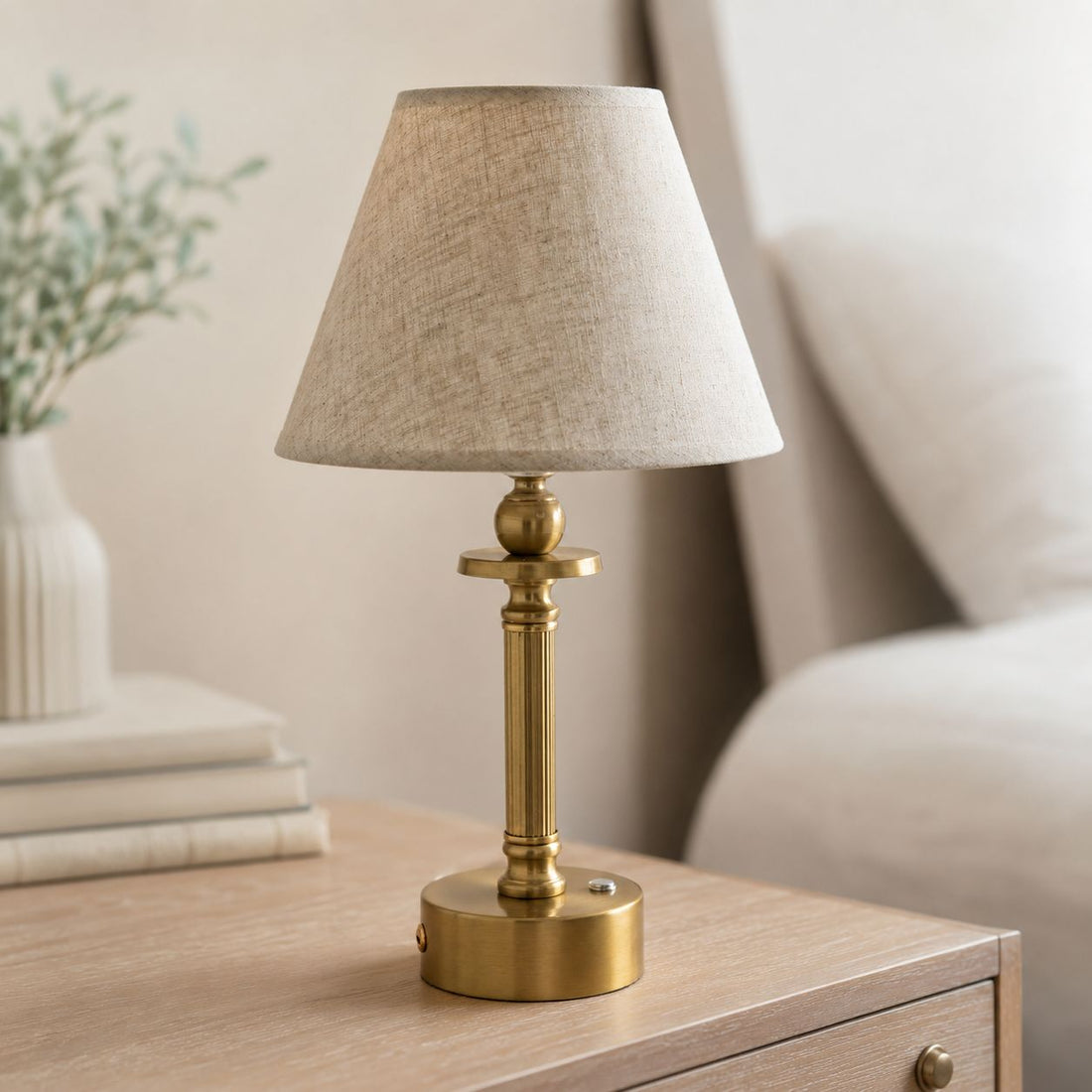 Lira Rechargeable Table Lamp — Brass, Oatmeal Shade