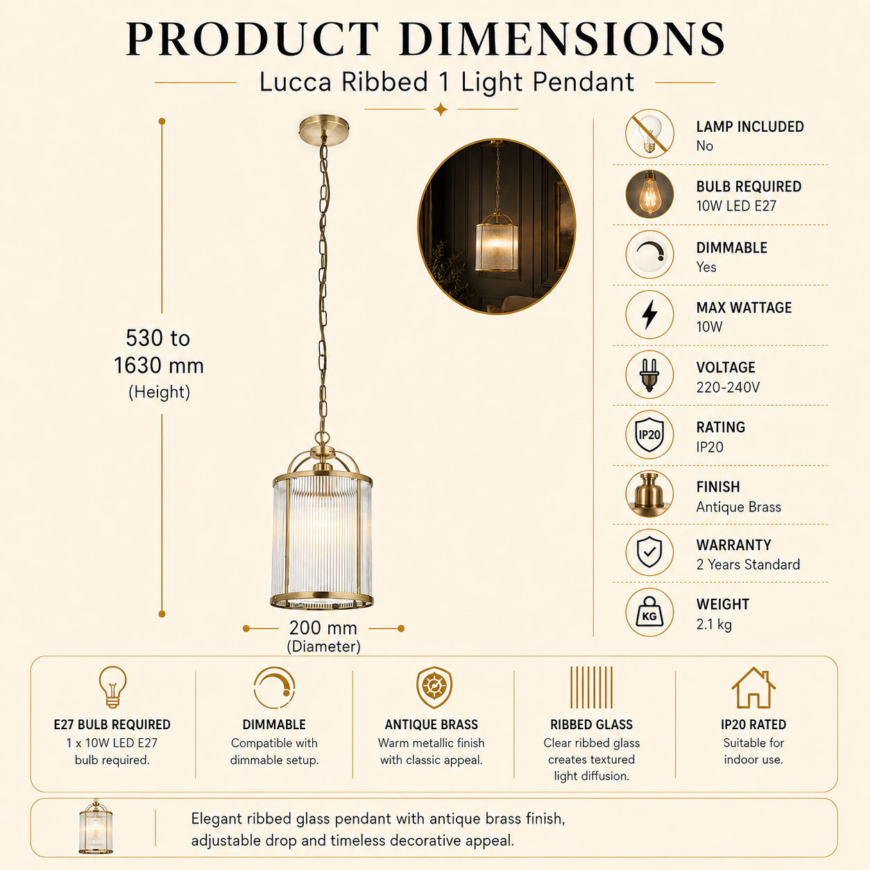 Halo 3-Light Ribbed Drum Pendant — Glass, Antique Brass