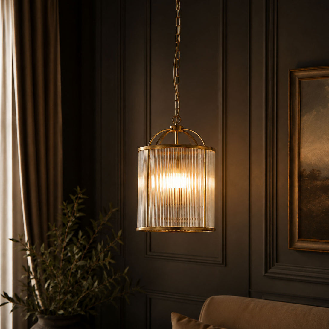 How Halo Petite Pendant — Glass, Antique Brass lights a room