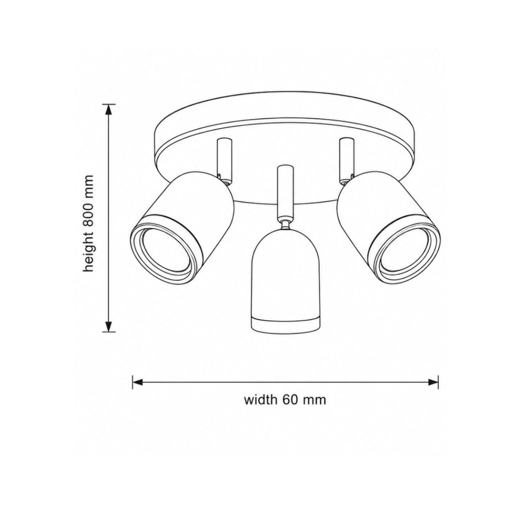 Lucca triple spot ceiling light dimensions drawing: 60mm wide plate, 800mm height
