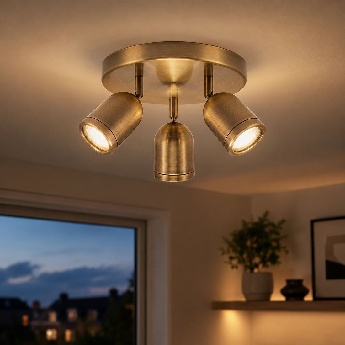 How Lucca Triple Spot Bathroom Ceiling Light — Antique Brass, IP44 lights a room