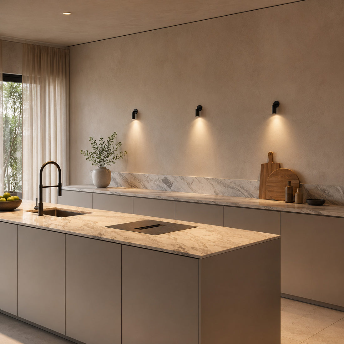 Three Luminar black spotlights lighting a marble kitchen splashback