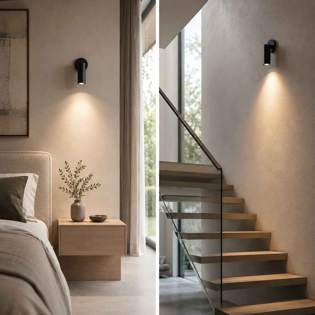 Luminar black spotlights lit in a bedroom corner and above open stairs