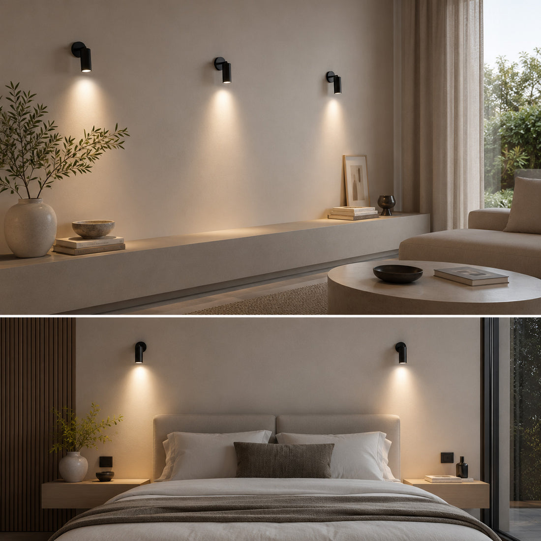 Luminar black spotlights lighting a low shelf and a bedhead wall