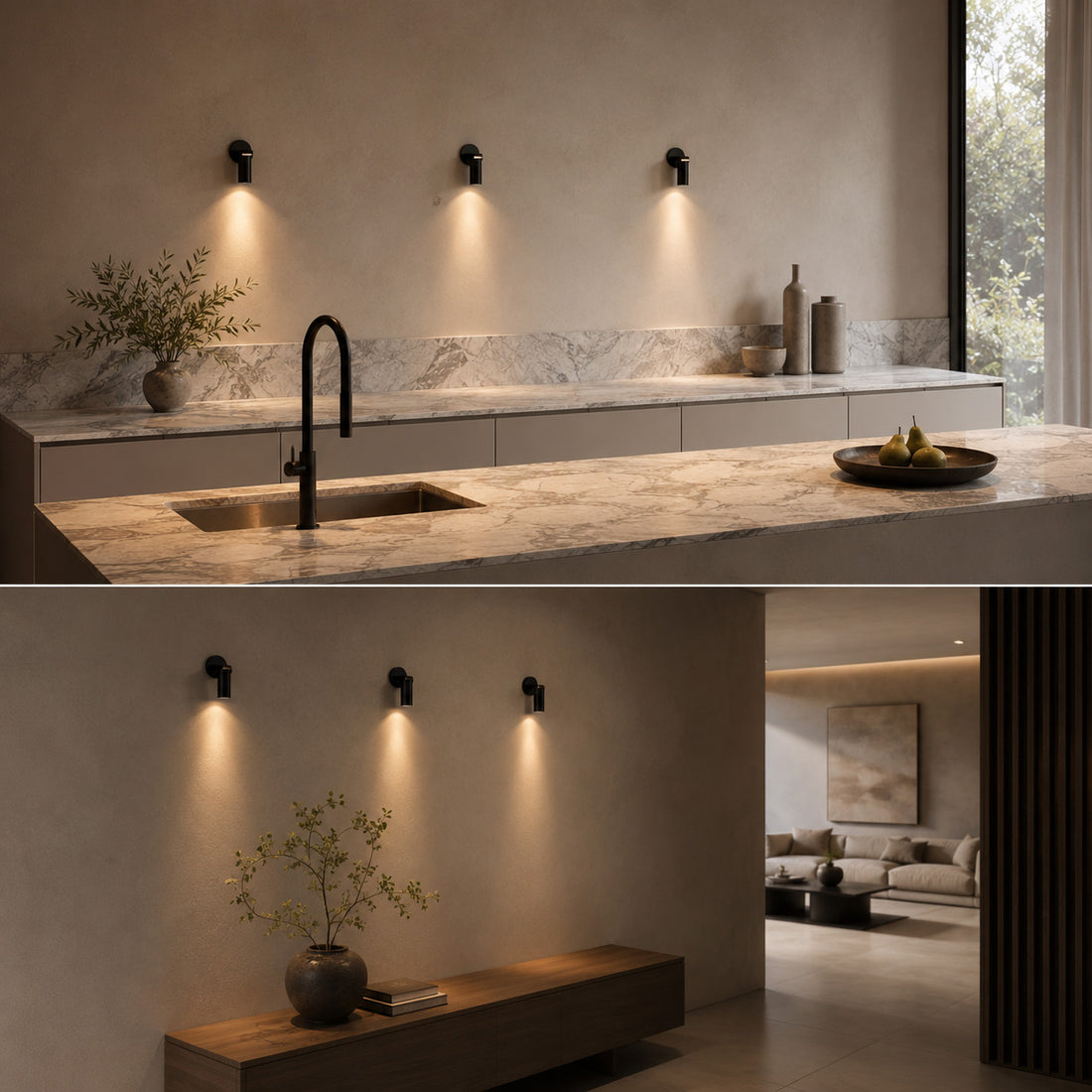 Luminar spotlights over a marble island and along a hallway console