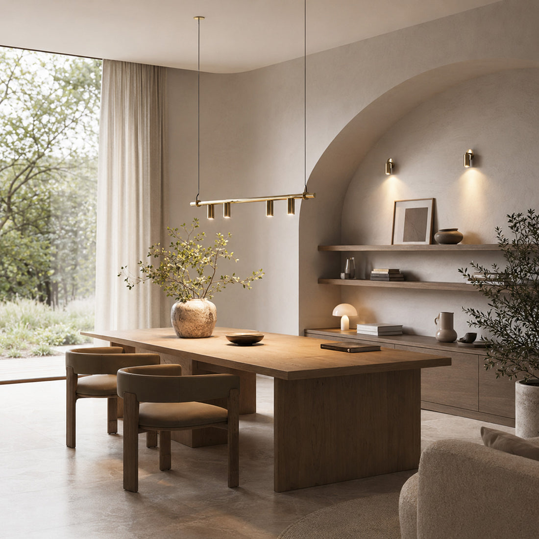 Luminar brass spotlights lit in an arched dining room with linear pendant