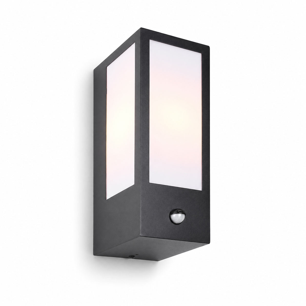 Lyon black aluminium PIR sensor outdoor wall light with opal diffuser, angled view