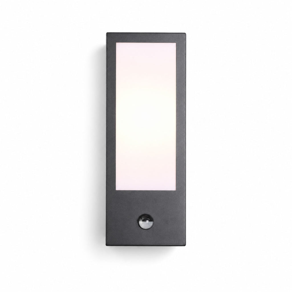 Lyon black PIR sensor outdoor wall light with opal panel, front view on white