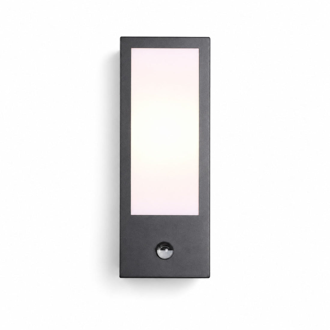 Lyon black PIR sensor outdoor wall light with opal panel, front view on white