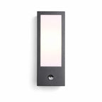 Lyon black PIR sensor outdoor wall light with opal panel, front view on white