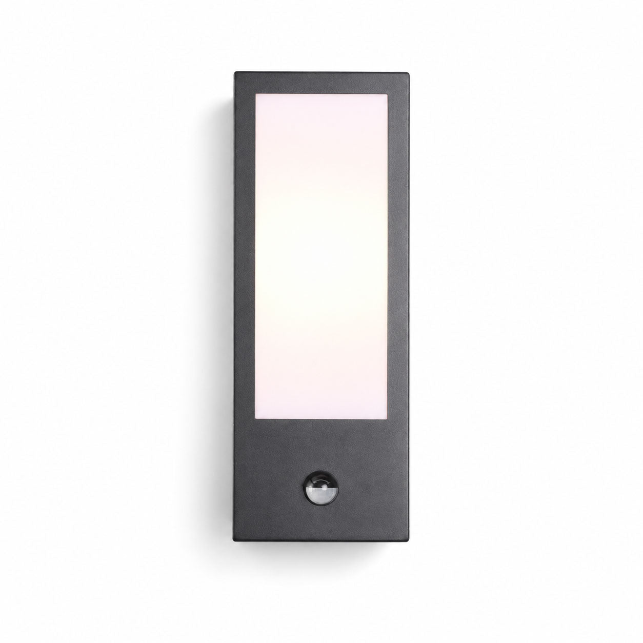 Lyon black PIR sensor outdoor wall light with opal panel, front view on white