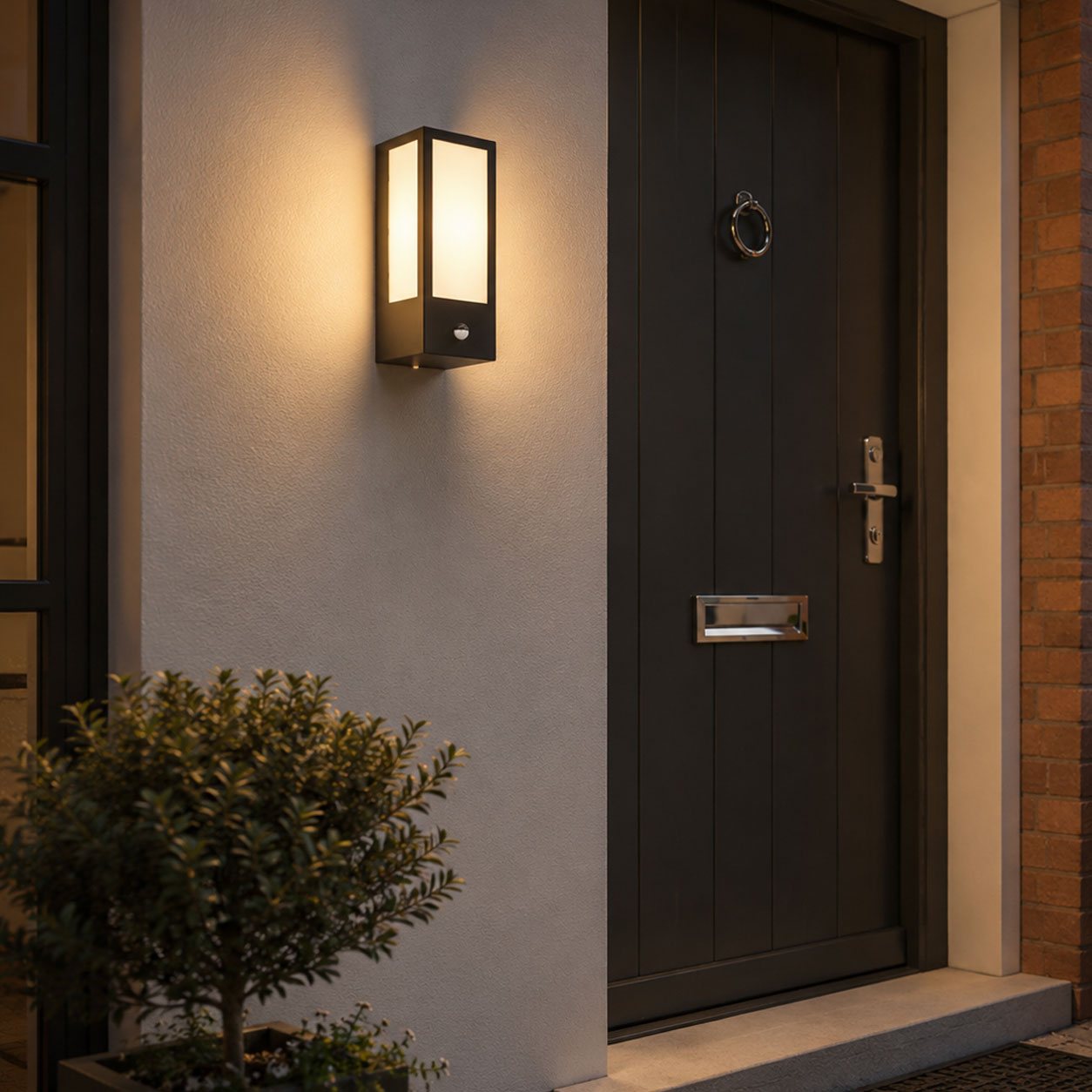 Lyon black sensor wall light lit beside a grey front door at dusk