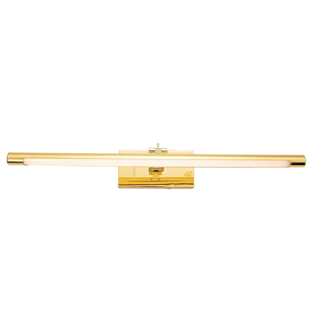 Close up of Lyra polished gold picture light showing LED warm white illumination