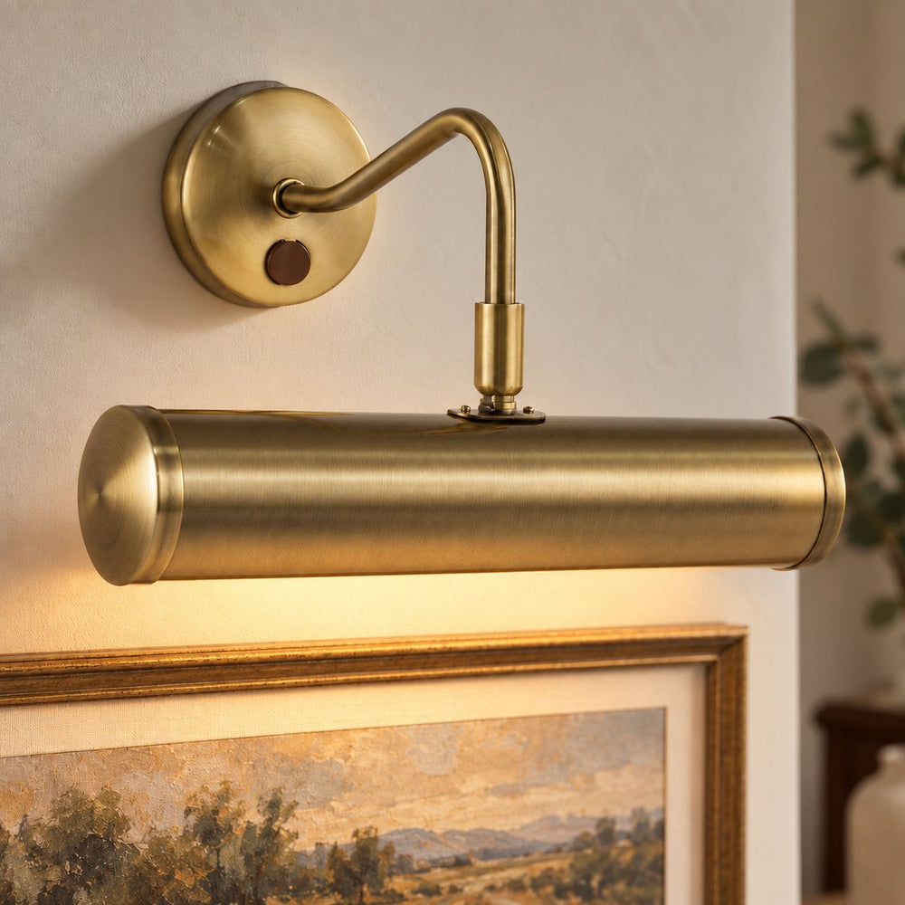 Maison Picture Light — Antique Brass, Swan Neck after dark