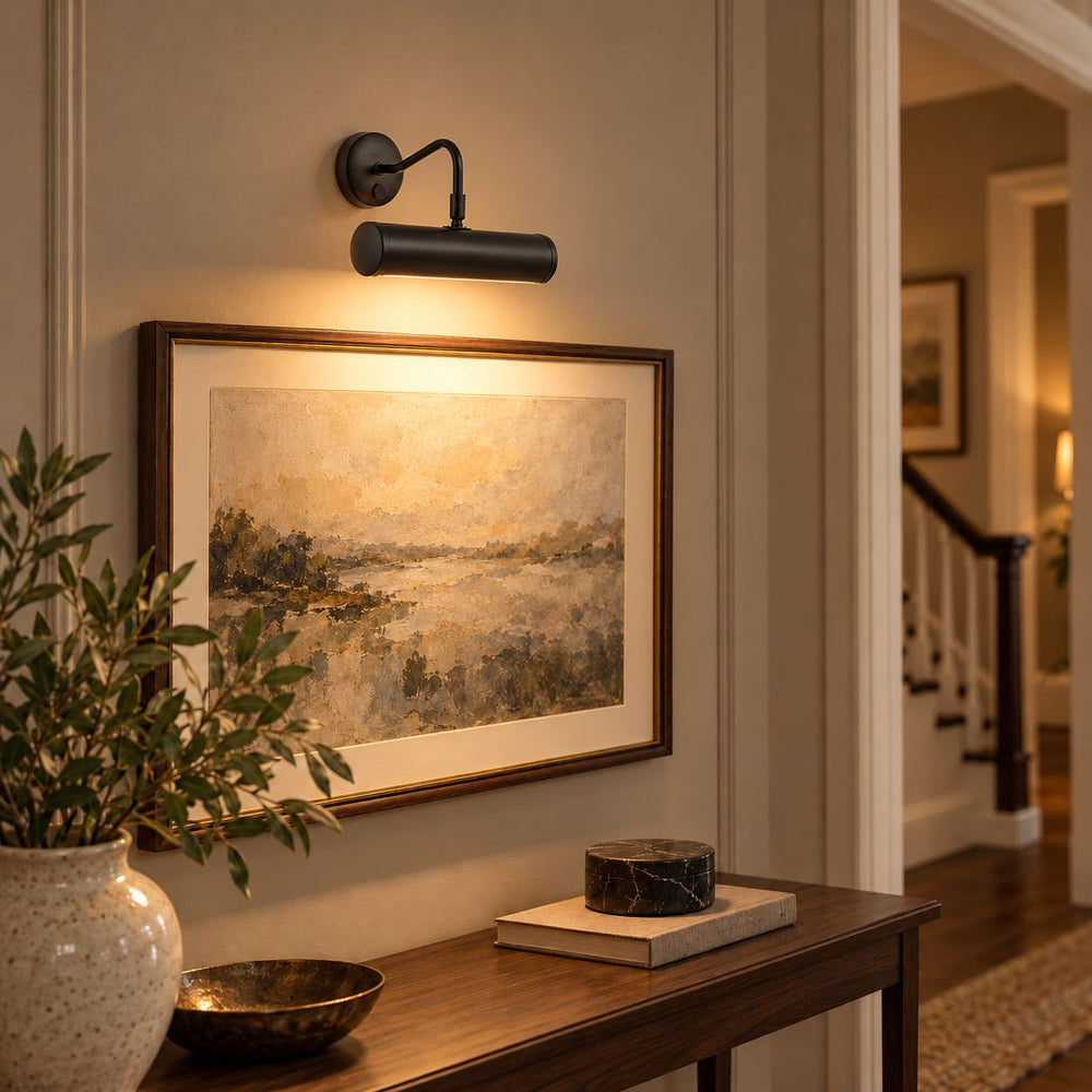 Maison Picture Light — Matt Black, Swan Neck after dark