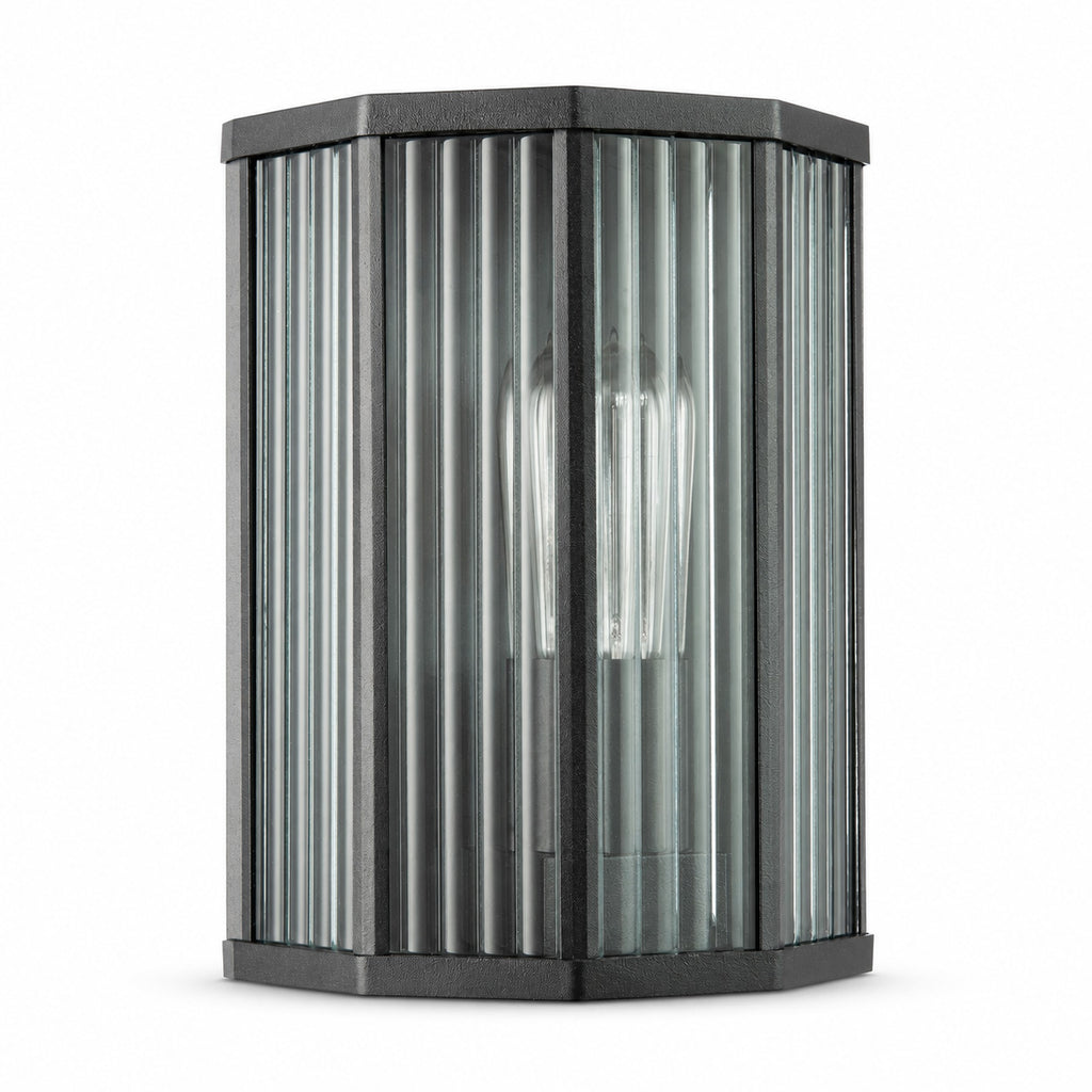 Half Lantern Outdoor Wall Light — Matt Black, Clear Ribbed Glass