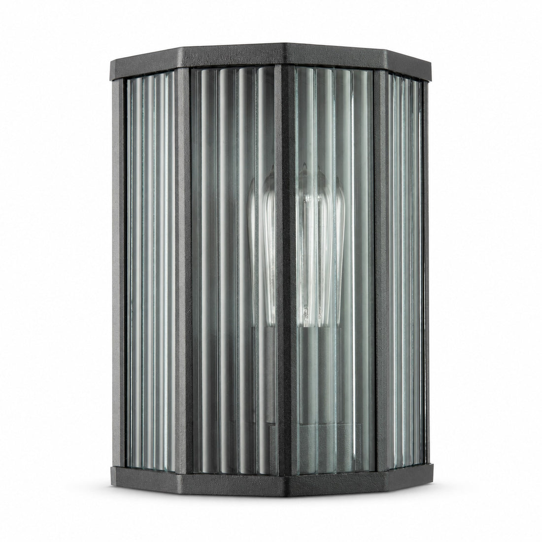 Half lantern outdoor light with faceted ribbed glass panels, unlit front view