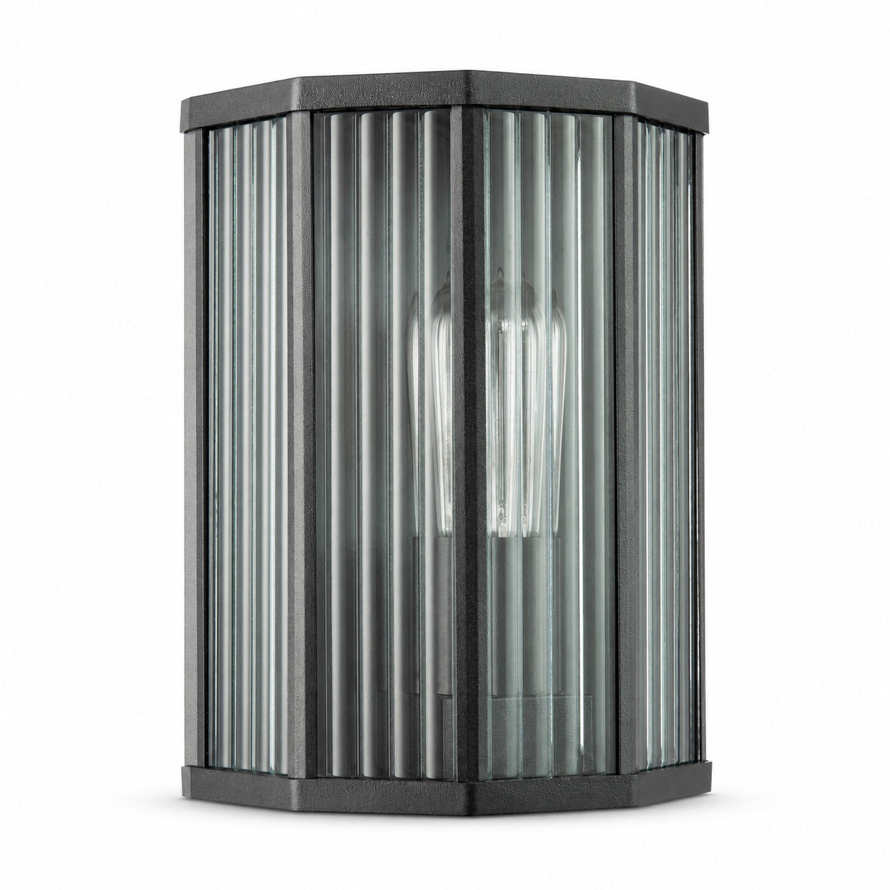Half Lantern Outdoor Wall Light — Matt Black, Clear Ribbed Glass