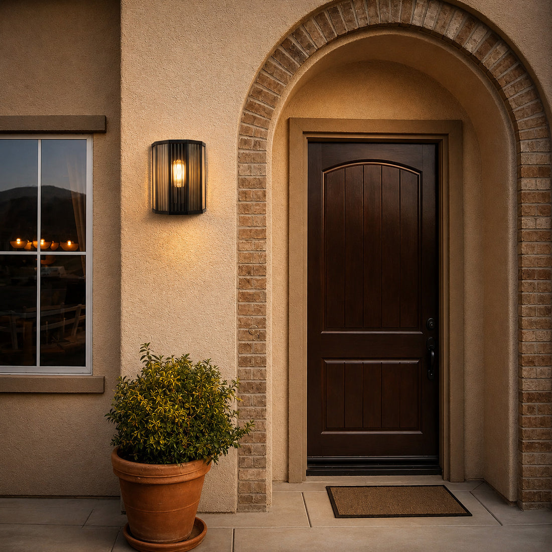 Half lantern wall light lit beside an arched front door at twilight