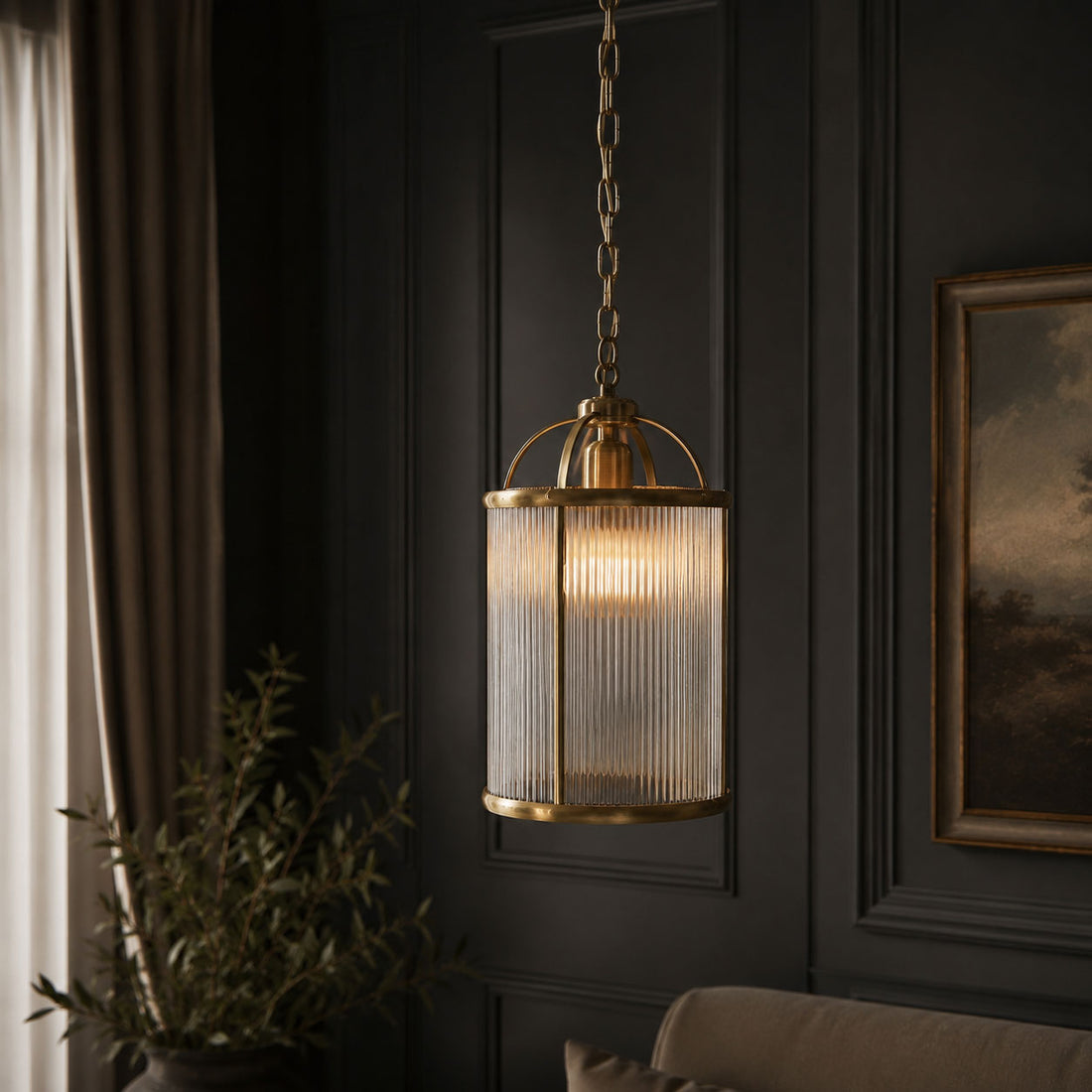 How Solene Ribbed Ceiling Pendant — Glass, Antique Brass lights a room