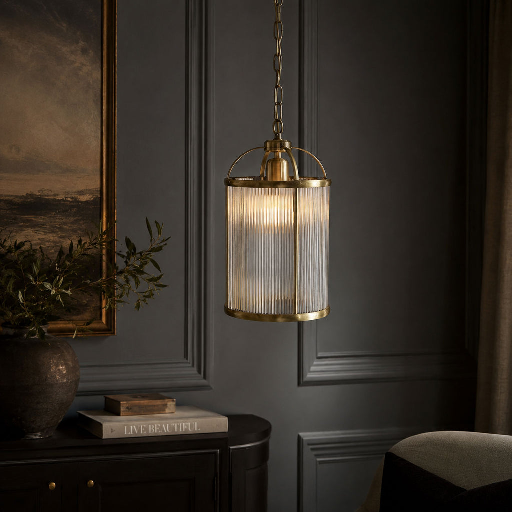 Solene Ribbed Ceiling Pendant — Glass, Antique Brass