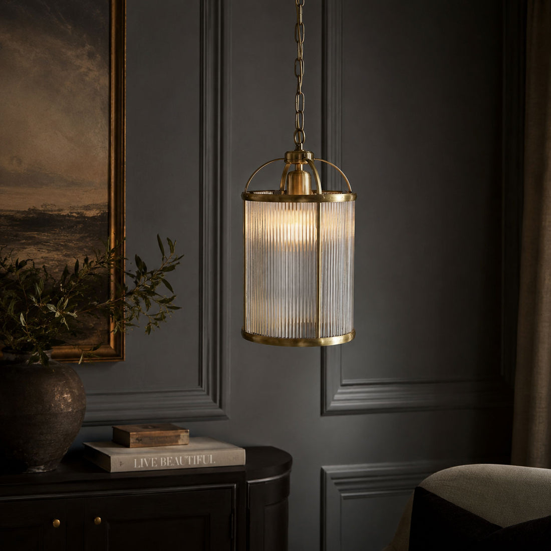 Solene Ribbed Ceiling Pendant — Glass, Antique Brass detail