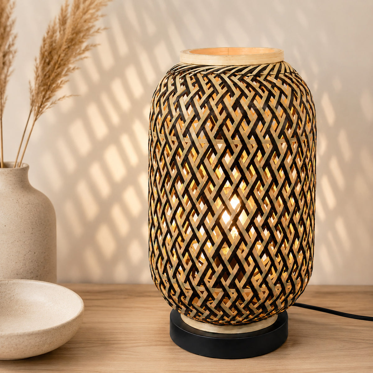 Minelle Woven Bamboo Table Lamp — Natural & Black, 36cm