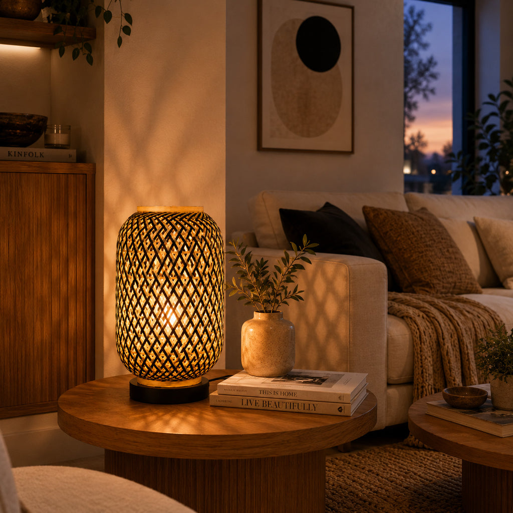 Minelle Woven Bamboo Table Lamp — Natural & Black, 36cm