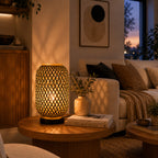 Minelle Woven Bamboo Table Lamp — Natural & Black, 36cm