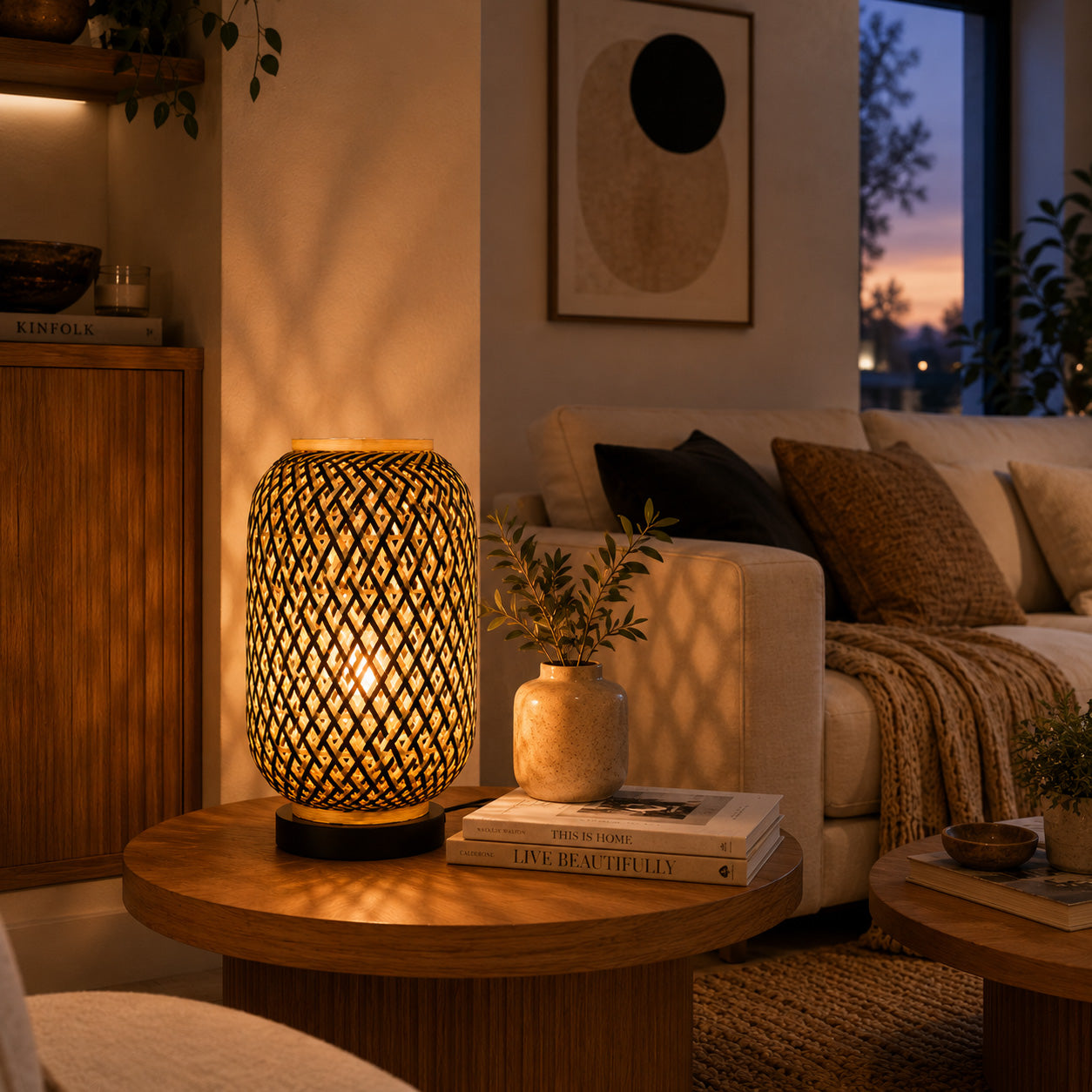 Minelle Woven Bamboo Table Lamp — Natural & Black, 36cm