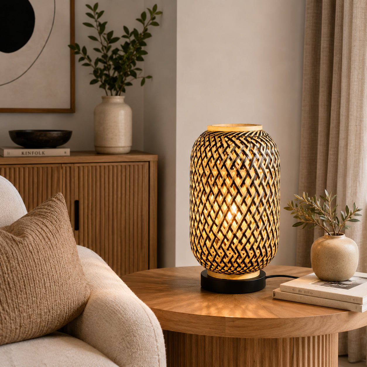 Minelle Woven Bamboo Table Lamp — Natural & Black, 36cm