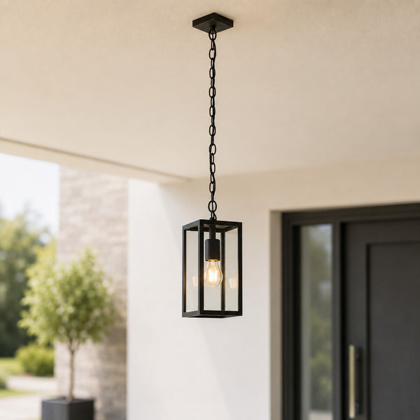 Mirage anthracite box lantern hanging on a chain by a modern front door