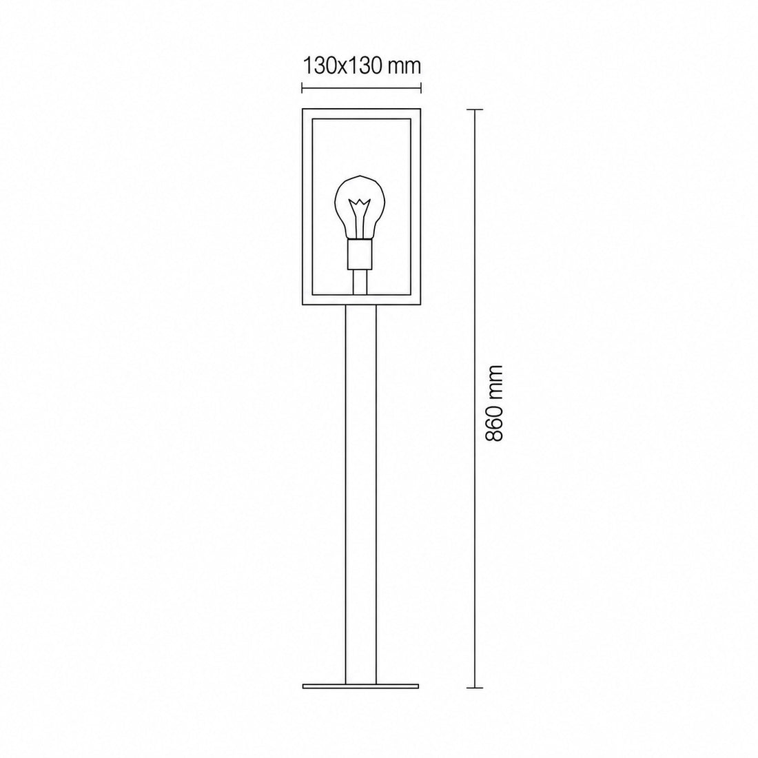 Mirage path light dimensions — 130x130mm lantern, 860mm overall height