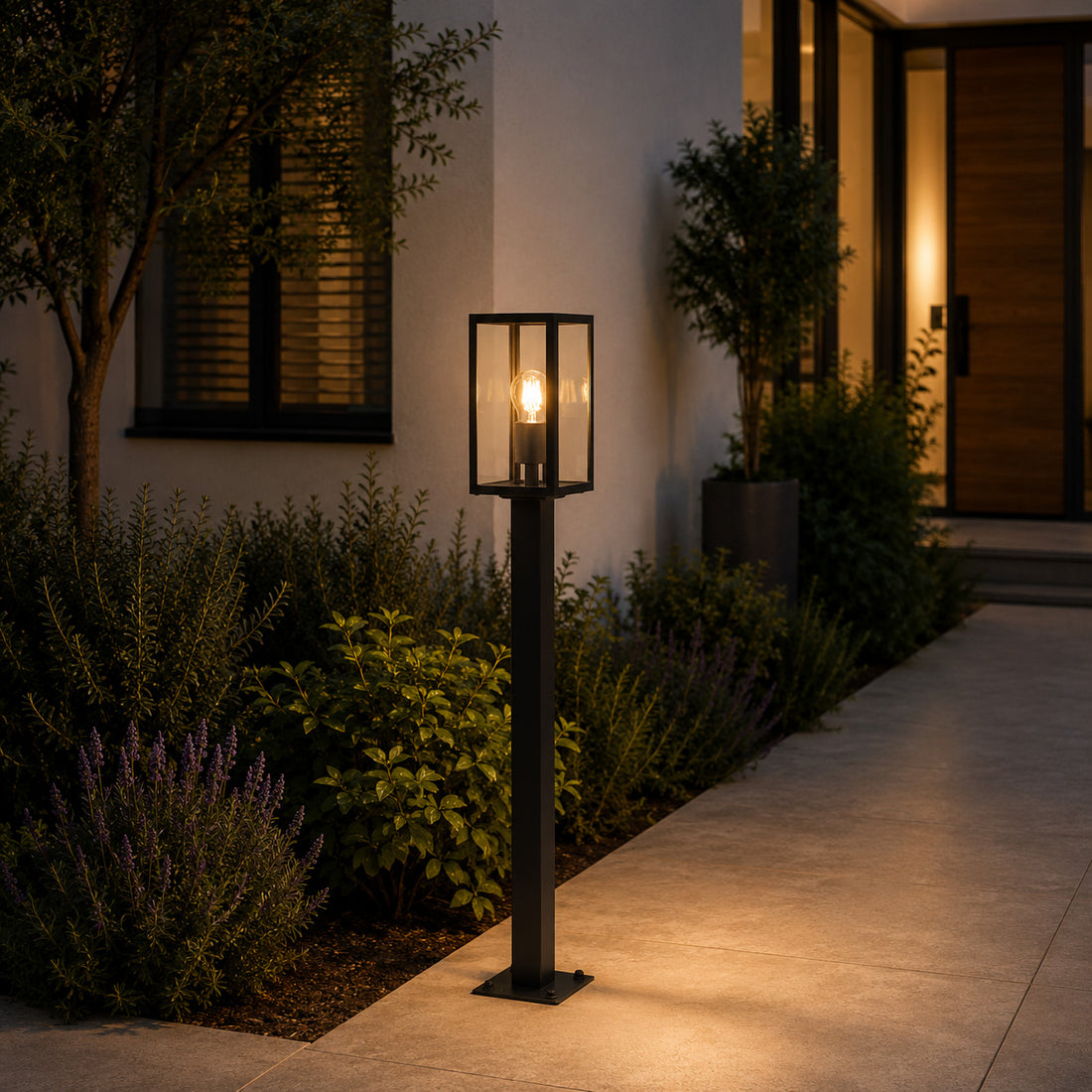 Mirage path light glowing among planting along a front garden walkway