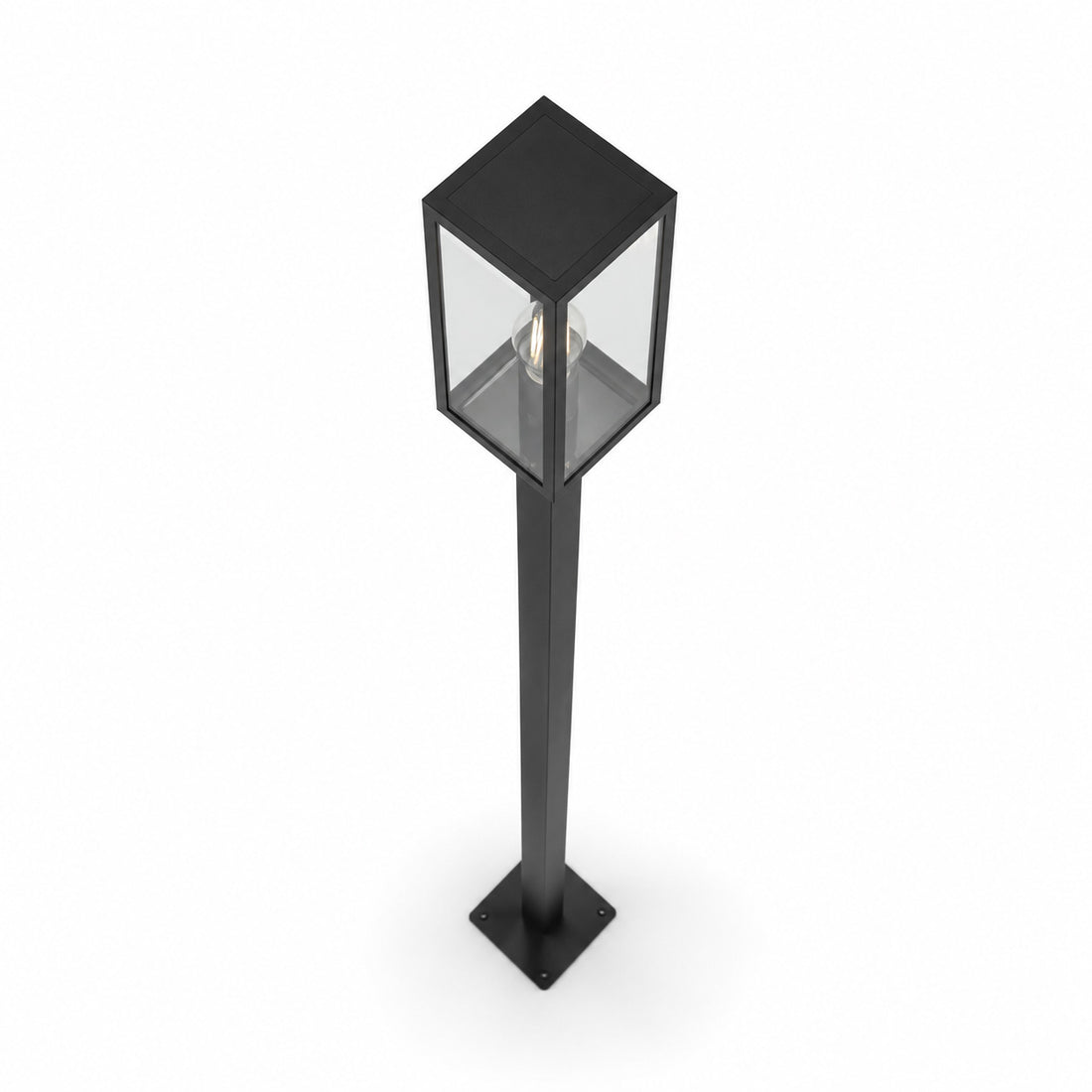 Angled view of the Mirage post light's clear glass lantern head