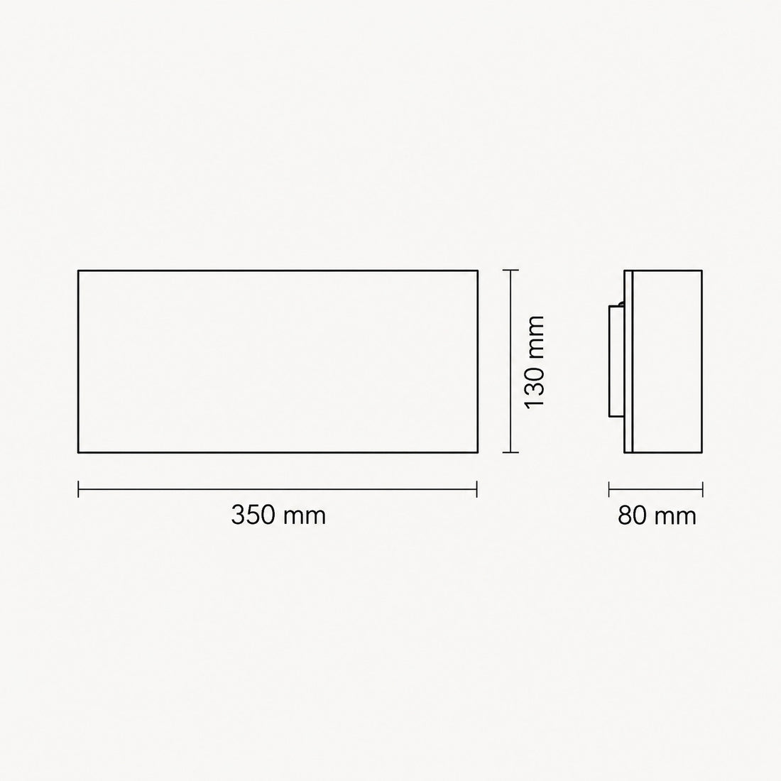 Mood wall light dimensions — 350mm wide, 130mm high, 80mm deep