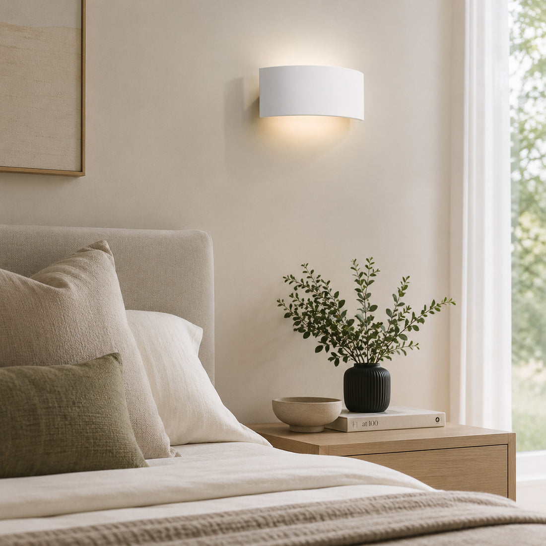Mood white plaster uplighter beside a bed dressed in sage linen