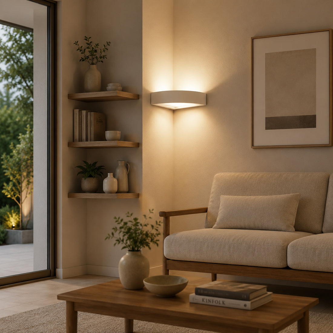 Mykonos corner plaster wall light glowing in a cosy reading corner
