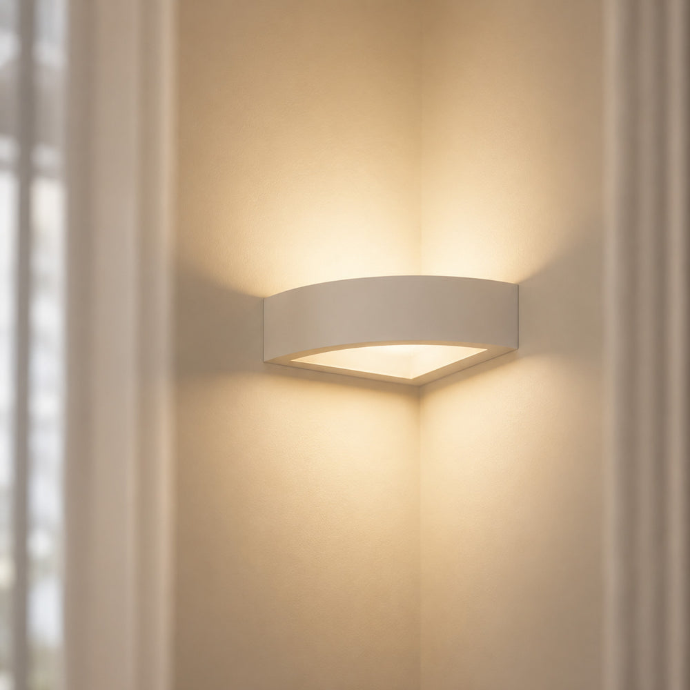 Mykonos Corner Wall Light — Paintable White Plaster, Up & Down after dark