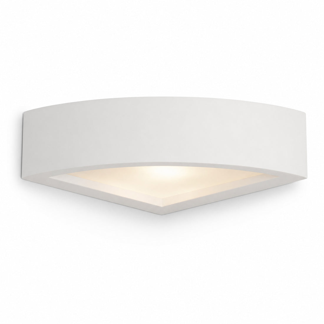 Mykonos white plaster corner light, quarter-circle form angled view