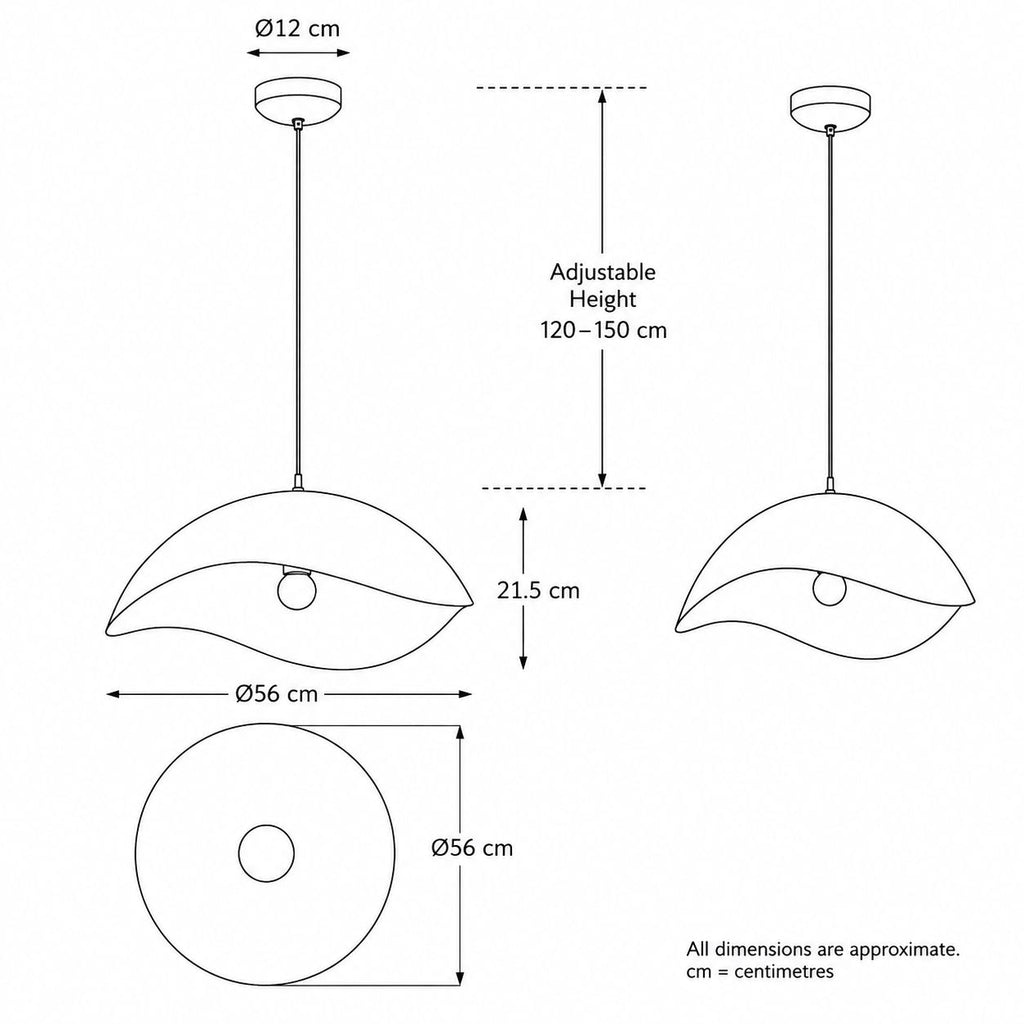 Nami pendant dimensions drawing: 56cm diameter, 21.5cm high, adjustable 120–150cm drop