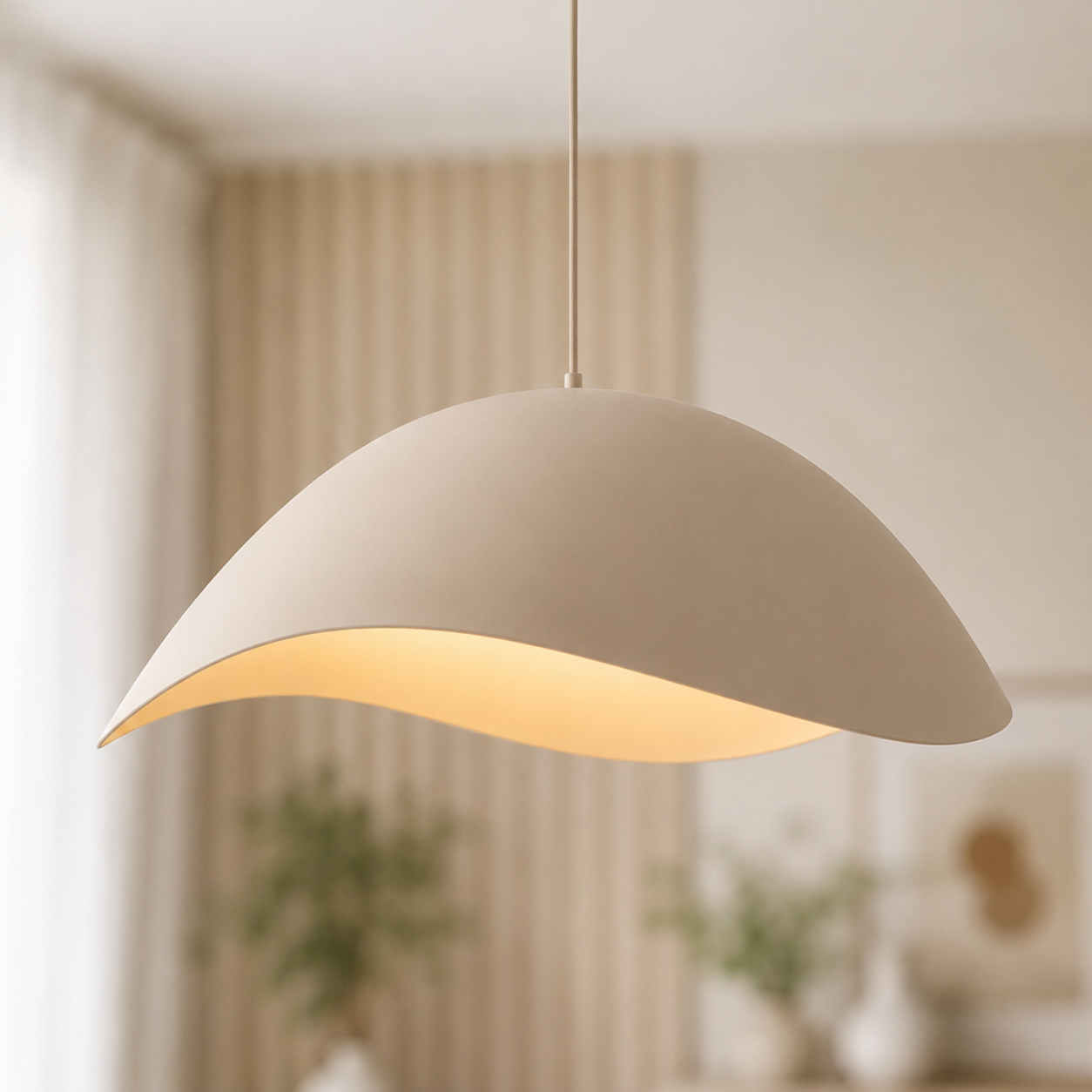 Nami sand taupe wavy metal pendant light lit above a table in a bright room