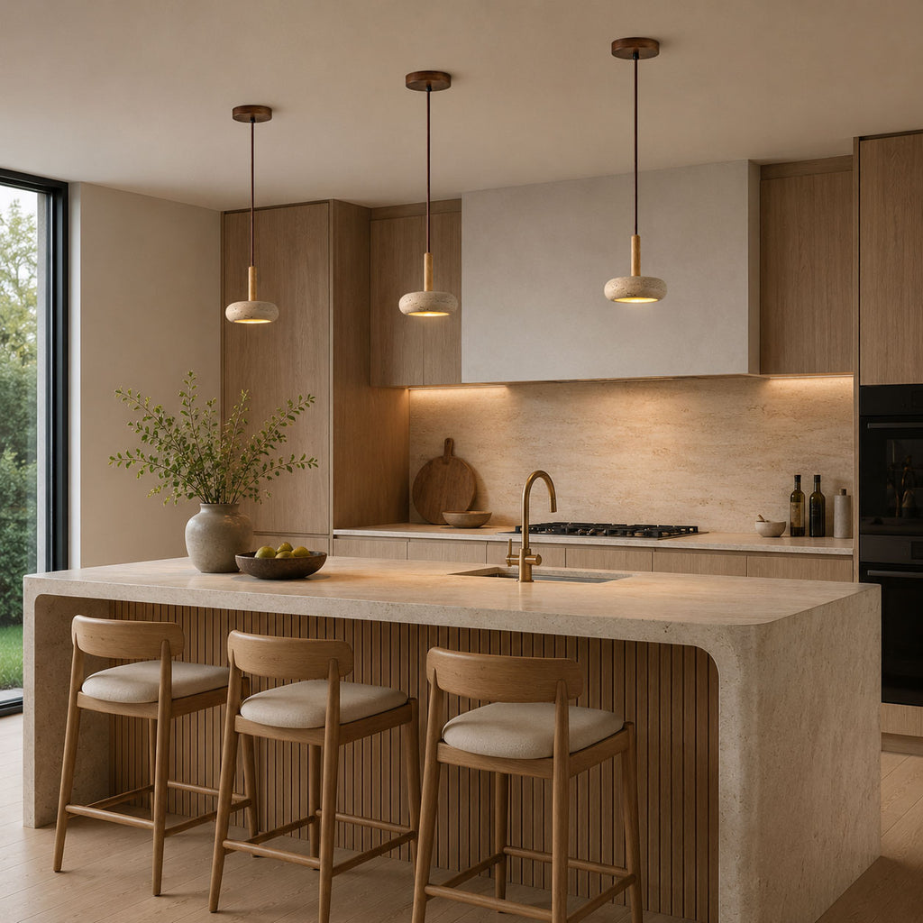 Nessa Round Pendant Light — Travertine, Natural Stone & Wood