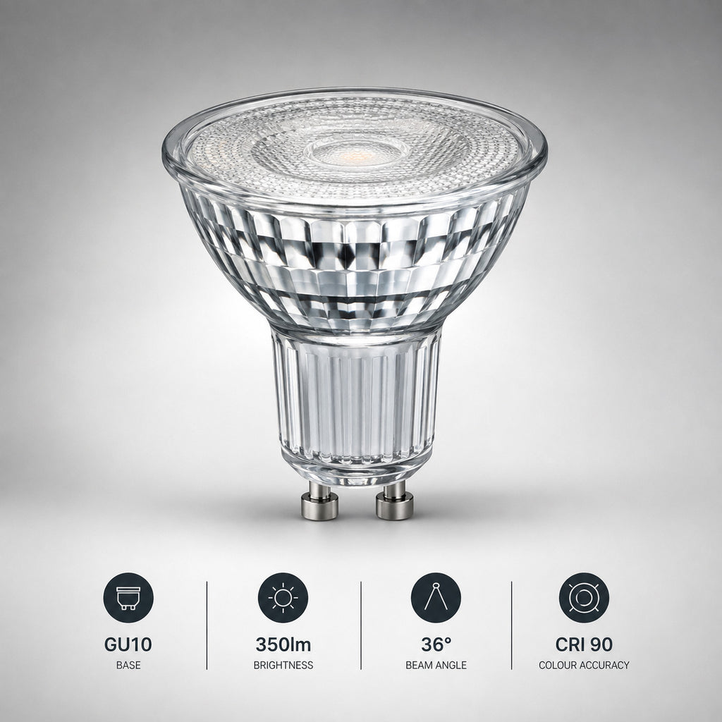 Nimbus GU10 3000K bulb specifications — 350 lumens, 36-degree beam, CRI90 colour accuracy