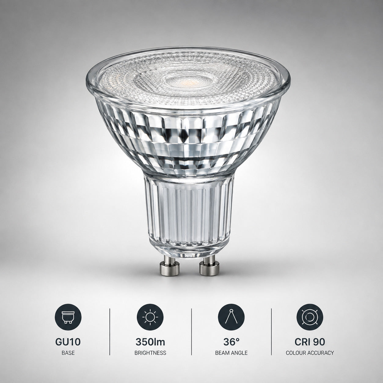 Nimbus GU10 3000K bulb specifications — 350 lumens, 36-degree beam, CRI90 colour accuracy