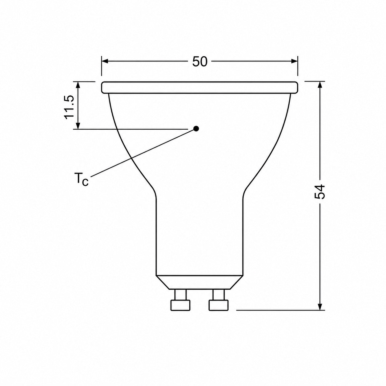 Nimbus GU10 bulb dimensions diagram — 50mm diameter, 54mm height